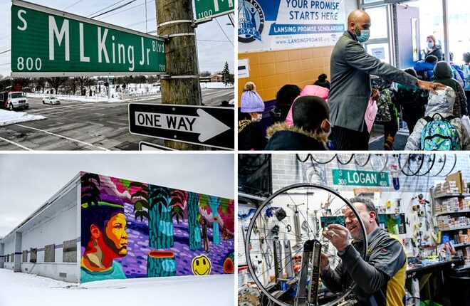 Martin Luther King Jr. Boulevard, clockwise from top left: A street sign at the Malcom X Street intersection;  Steven Lonzo, principal of Willow Elementary School says goodbyes to students;  a colorful mural on the side of the shuttered Maple Grove Elementary School;  Eric Clark, owner of Eric's Cycling & Fitness, works on a wheel for a customer in his business on MLK in south Lansing on Feb. 1.