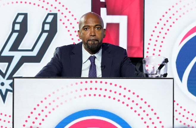Pistons legend Richard Hamilton sits on stage during Tuesday's NBA Draft lottery in Chicago.