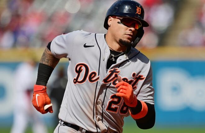 Detroit Tigers shortstop Javier Baez (28) rounds the bases after hitting a home run during the eighth inning against the Cleveland Guardians at Progressive Field.