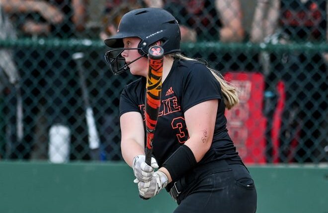 Leslie's Sahara Burley drives in a run against Waverly during the second inning on Tuesday, May 31, 2022, at Ranney Park in Lansing.