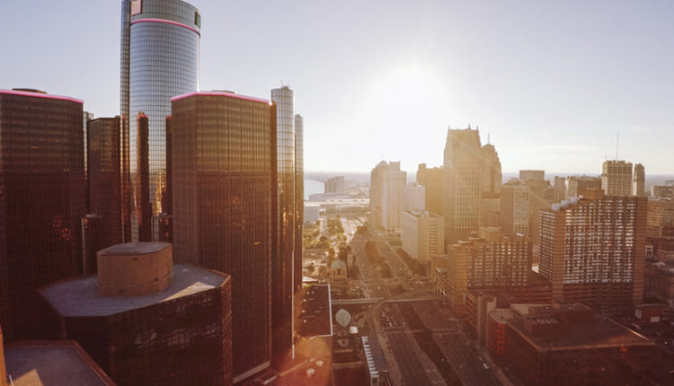 Detroit Skyline with Renaissance center at sunset