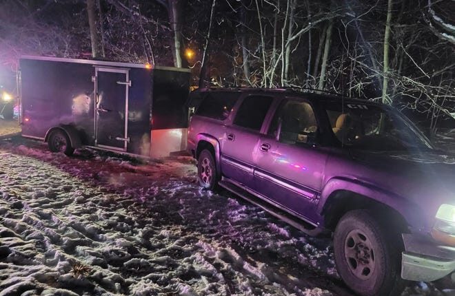 Police said they were trying to determine whether this Nighthawk single-axle trailer was stolen.  The identification number on the trailer had been removed, according to the Clinton County Sheriff's Office.  The driver of the SUV, a 38-year-old Lansing man, was arrested after a police chase that began in Lansing and spanned three counties before it ended in Portland.