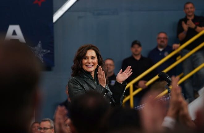 gov.  Gretchen Whitmer speaks at SK Siltron CSS in Bay City on Tuesday, November 29, 2022, during a visit from President Joe Biden.