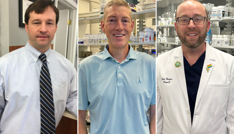 Vertical images of three men, side by side. the first poses for the camera wearing a shirt and tie; second wearing a blue polo and smiling in front of shelves of prescriptions; third wearing a white coat and glasses, smiling in front of shelves of prescriptions.